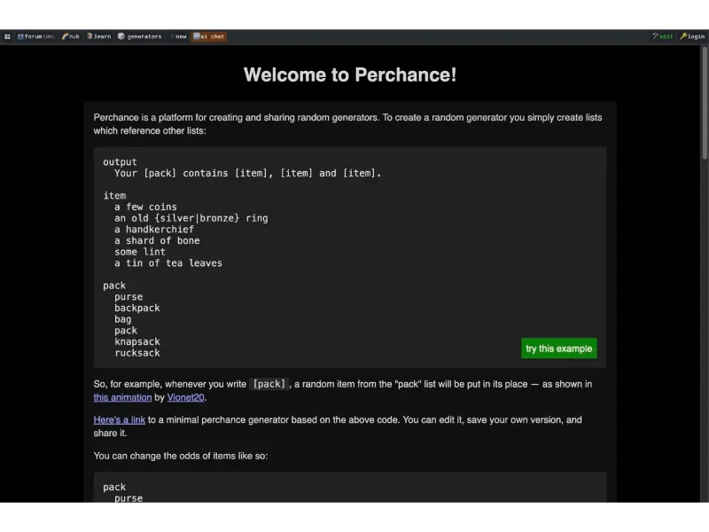 Screenshot of Perchance
